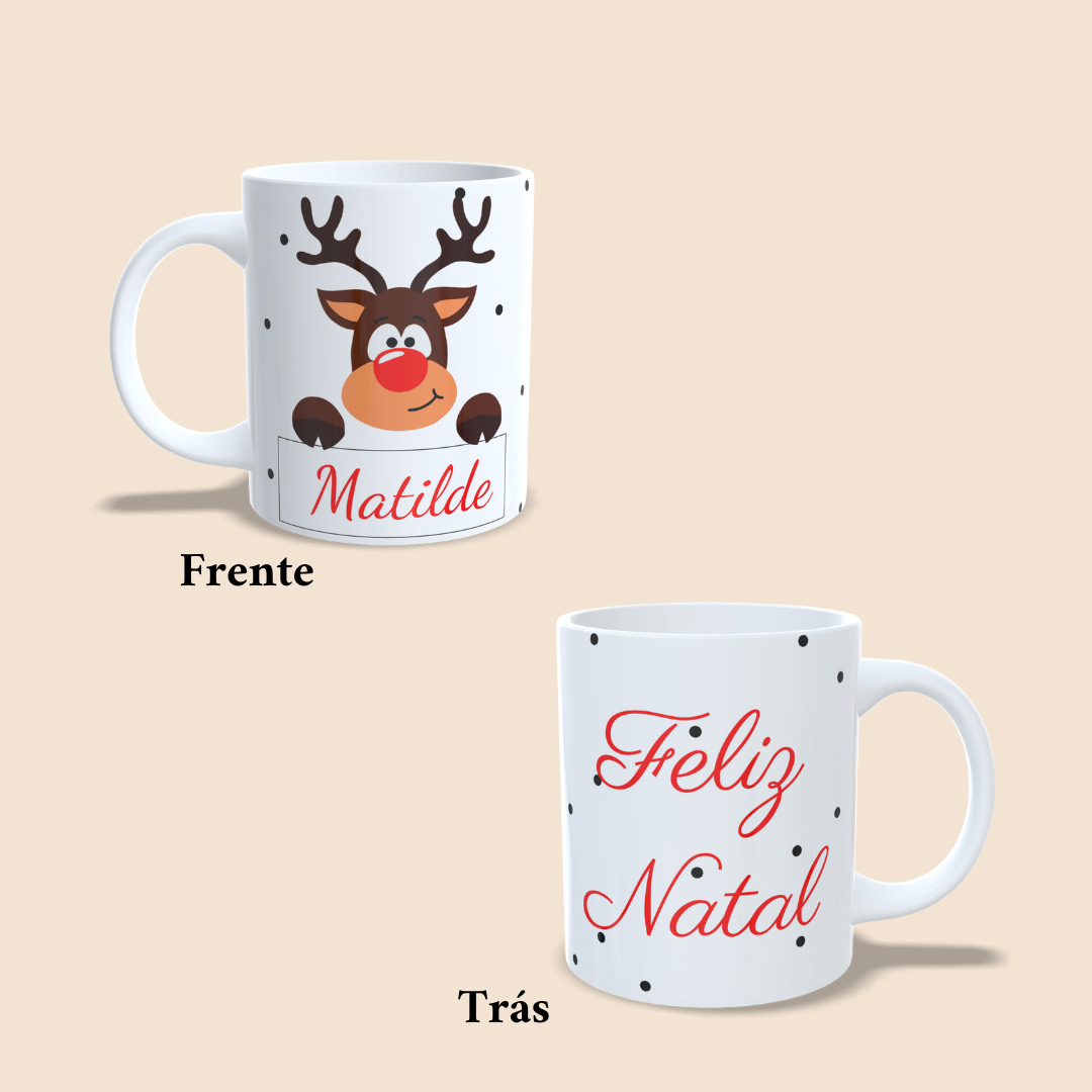 Caneca - Feliz Natal, Rena e Bolinhas