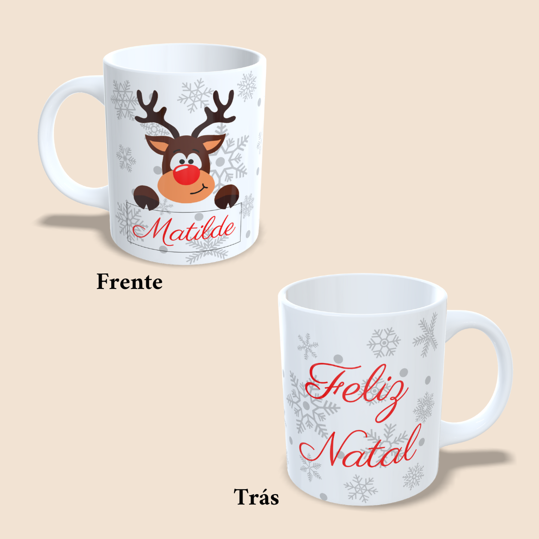 Caneca - Feliz Natal, Rena e Flocos de Neve